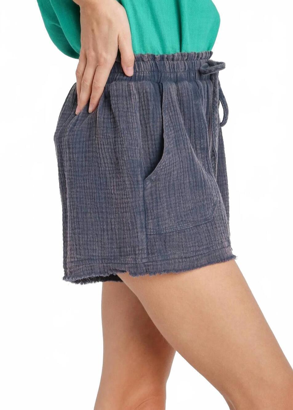 NEW UMGEE washed raw hem gauze shorts in dusk